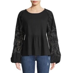 Free People Embroidered Black‎ Penny Top Size  XS